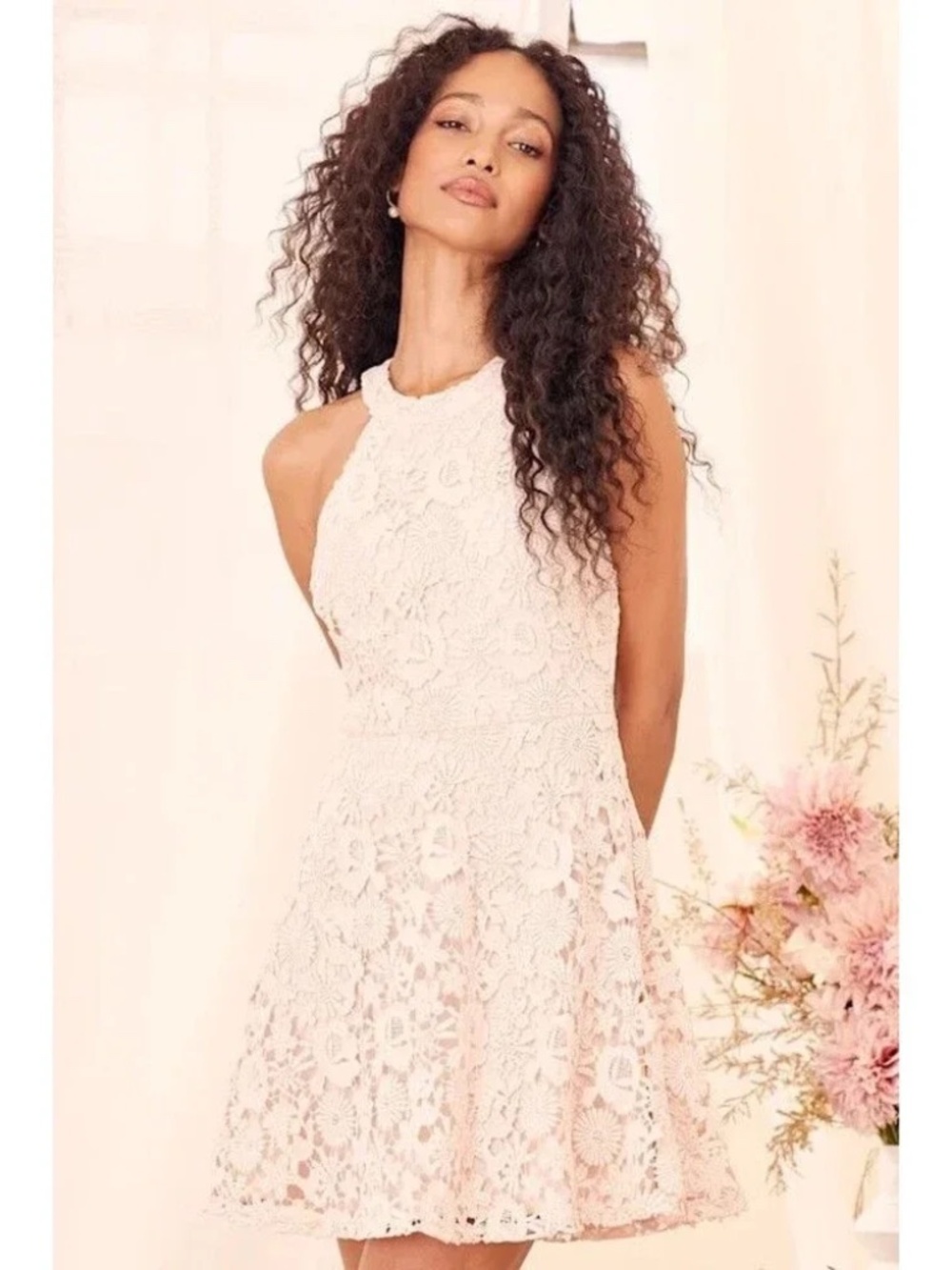 LULUS Dress Women’s XS Blush Pink Crochet Lace Halter Mini Dress